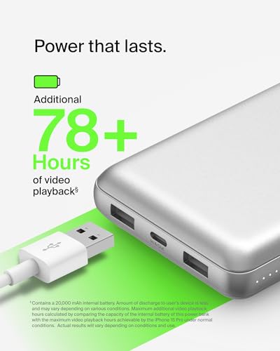 Belkin 20000mAh 15W 3 Port Power Bank, USB A to USB C Cable Included - color: Silver