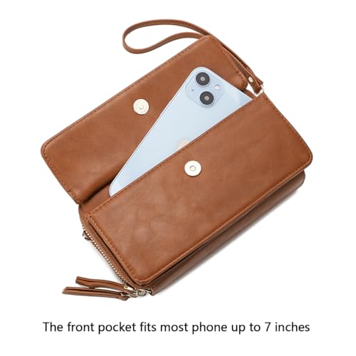 RFID Crossbody Wallet Wristlet Purse with Phone Pocket For Women Vegan Leather - color: Brown