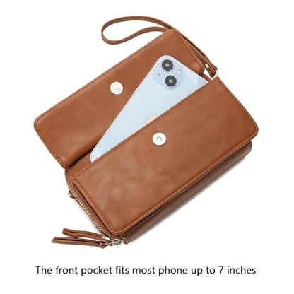 RFID Crossbody Wallet Wristlet Purse with Phone Pocket For Women Vegan Leather - color: Brown