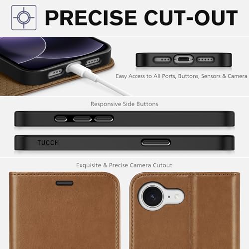 TUCCH Wallet Case for iPhone 17e & iPhone 16e (6.1"), 4 Card Holders, Brown | RFID Blocking, Viewing Stand, Shockproof TPU Shell, PU Leather, Magnetic Closure, Protective Folio Flip Cover - color: Brown