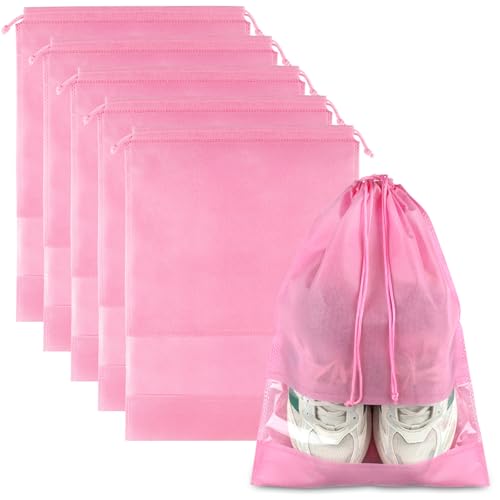 Pink Travel Shoe Bags - 5 Pcs Non-Woven Packing Bags with Clear Window | 15.7" x 11.8" Waterproof Dustproof Portable Travel Shoe Storage Bag for Men and Women - color: Pink, style: 5 Pack