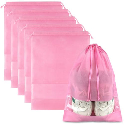 Pink Travel Shoe Bags - 5 Pcs Non-Woven Packing Bags with Clear Window | 15.7" x 11.8" Waterproof Dustproof Portable Travel Shoe Storage Bag for Men and Women - color: Pink, style: 5 Pack