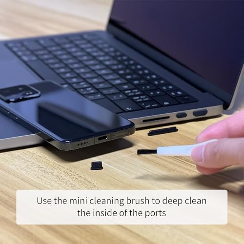 12 PCS Silicone Dust Plugs & Cleaning Brush, USB Port Dust Covers Compatible with iPhone 15 16 17,Kindle,MacBook,Mac mini,PS5,Includes USB-C, USB-A, HDMI, RJ-45, SD Slot and 3.5mm (Black)