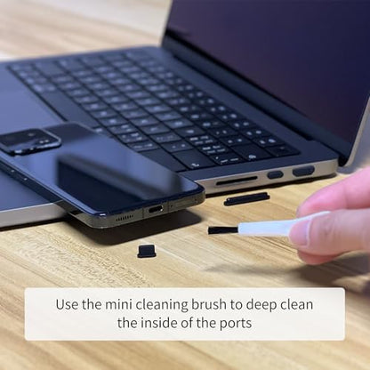 12 PCS Silicone Dust Plugs & Cleaning Brush, USB Port Dust Covers Compatible with iPhone 15 16 17,Kindle,MacBook,Mac mini,PS5,Includes USB-C, USB-A, HDMI, RJ-45, SD Slot and 3.5mm (Black)