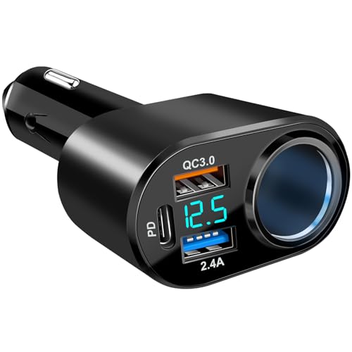 USB C Car Charger, 90W Cigarette Lighter Adapter Dual USB Fast Charging PD QC 3.0, 12V/24V Car Charger Socket Splitter with LED Voltmeter for Smart Phone GPS Dash Cam