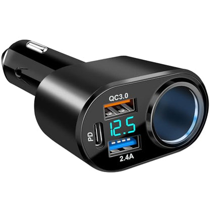 USB C Car Charger, 90W Cigarette Lighter Adapter Dual USB Fast Charging PD QC 3.0, 12V/24V Car Charger Socket Splitter with LED Voltmeter for Smart Phone GPS Dash Cam