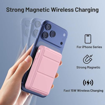 Azmuth for MagSafe Portable Charger, 10000mAh Magnetic Power Bank | 20W PD Fast Charging Magnetic Travel Charger with Dual USB-C LED Display for iPhone 17/16/15/14/13/12 Series - color: Pink