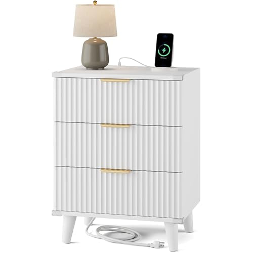 Lulive Wood Bedside Table w/Charging Station, 3 Drawers Fluted Dresser - color: White, size: 3 Drawers-Set of 1 Nightstand