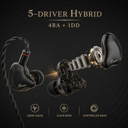 Rosmas Wired Earbuds with Mic,SM10 Pro Wired Gaming IEM Earbuds with Mic, Detachable 2-Pin Cable, 4BA+1DD Hybrid in-Ear Headphones, Secure Over-Ear Fit, 3.5mm for PC and Controllers，Black - color: Black