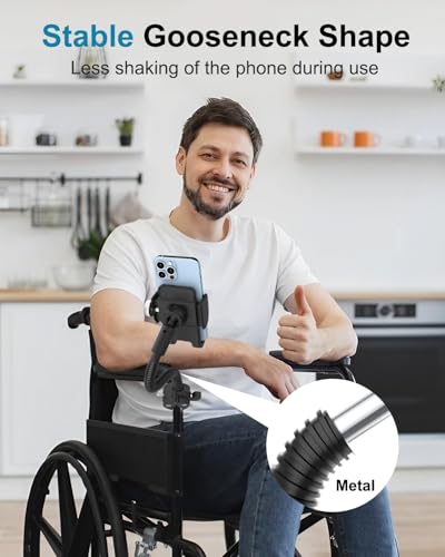 Gooseneck Phone Holder Mount for Wheelchair/Stroller/Boat/Treadmill/Spin Bike/Mic Stand, Cell Phone Handlebar Clamp with Adjustable Arm for iPhone 16 Pro Max, Galaxy, All 4-7" Smartphone