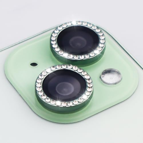 Camera Lens Protector for iPhone 15/15 Plus/14/14 Plus Bling Diamond Metal Ring Rhinestone Tempered Glass Lens Cover Accessories (Green) - color: Green