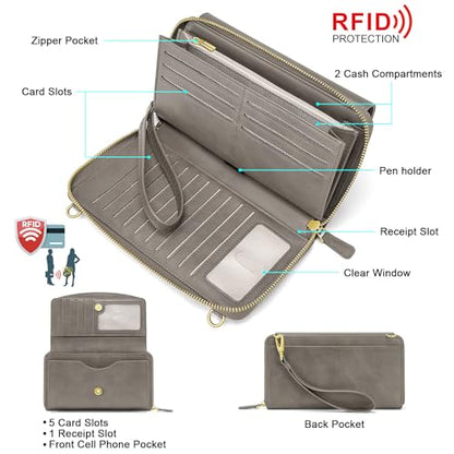 Peacocktion Womens Crossbody Wristlet Wallets with Cell Phone Pocket RFID Vegan Leather Cross Body Purses Travel - color: 06-grey