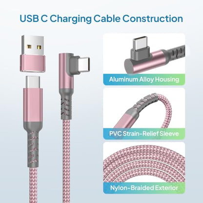 Elebase Right Angle USBC Charger Cable 6.6FT with USB Adapter Pink - color: Angled-Pink, size: 6.6 FT