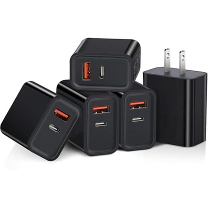 USB C Wall Charger Block, Dual Port Fast Charging Box Brick 5 Pack Bulk - color: black