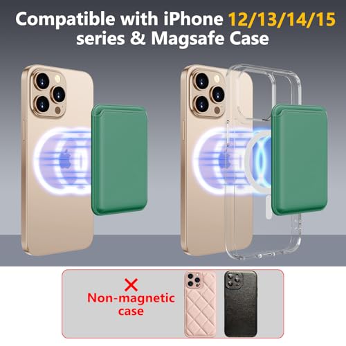 Upgraded MagSafe Wallet, Magnetic Phone Wallet 3 Cards Holder, 23 Magnets, Credit Card RFID Blocking, Slim Leather, Magnetic Wallets for iPhone 17/16/15/14/13/12 Series-Green - color: Green