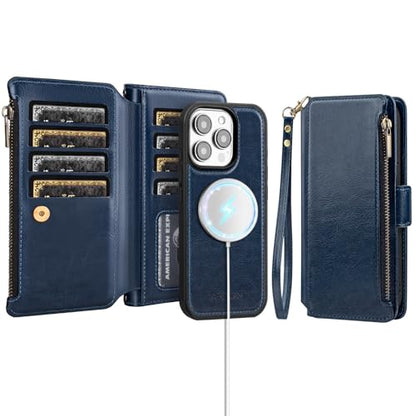 Antsturdy Compatible with MagSafe iPhone 13 Pro Wallet Case,Dark Blue | Detachable Magnetic Credit Card Holder,RFID Blocking,PU Leather Zipper Purse,Wrist Strap Kickstand,Flip Phone Cover for Women - color: (Detachable with Magsafe)-Dark Blue