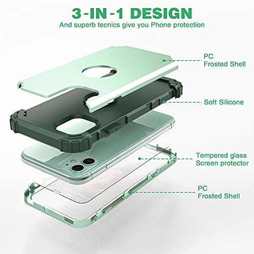 IDweel for iPhone 11 Case with Tempered Glass Screen Protector,Hybrid 3 in 1 Shockproof Heavy Duty Protection Hard PC Cover Soft Silicone Bumper Full Body Case, Mint Green - color: Mint Green