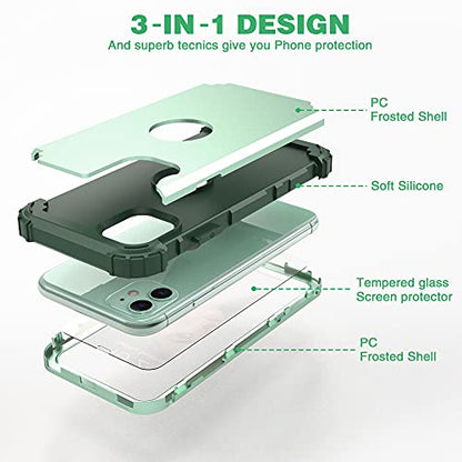 IDweel for iPhone 11 Case with Tempered Glass Screen Protector,Hybrid 3 in 1 Shockproof Heavy Duty Protection Hard PC Cover Soft Silicone Bumper Full Body Case, Mint Green - color: Mint Green