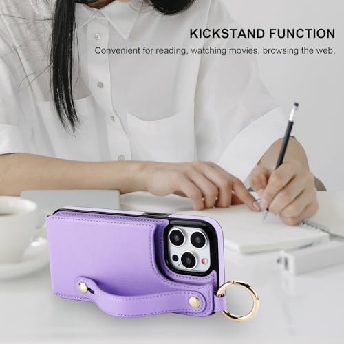 Folosu for iPhone 15 Pro Max Wallet Case with Card Holder, Hand Wrist Strap Loop Holder Kickstand, RFID Blocking Finger Grip Ring PU Leather Double Buttons Shockproof Cover 6.7" Purple - color: Purple