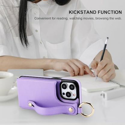 Folosu for iPhone 15 Pro Max Wallet Case with Card Holder, Hand Wrist Strap Loop Holder Kickstand, RFID Blocking Finger Grip Ring PU Leather Double Buttons Shockproof Cover 6.7" Purple - color: Purple