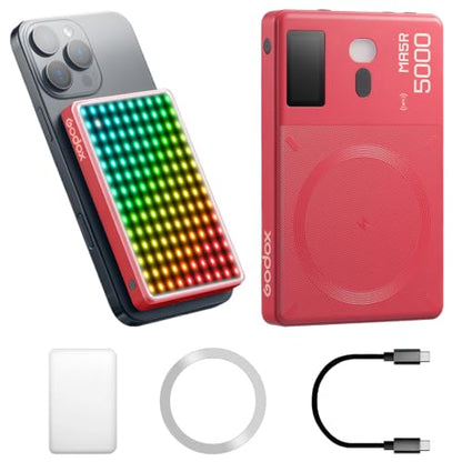 Godox MA5R RGB LED Video Light, Magnetic Power Bank, 1800-10000K, Red
