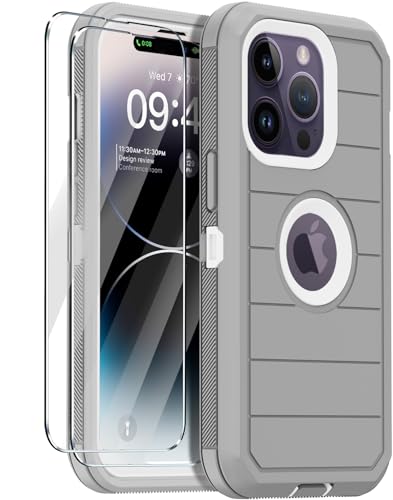for iPhone 14 Pro Max Case with 2 Screen Protector,Heavy Duty Shockproof Drop Protection Rugged 3-Layer Military Tough Durable Protective Cover for Apple iPhone 14 Pro Max6.7 (Gray/White) - color: Gray/White
