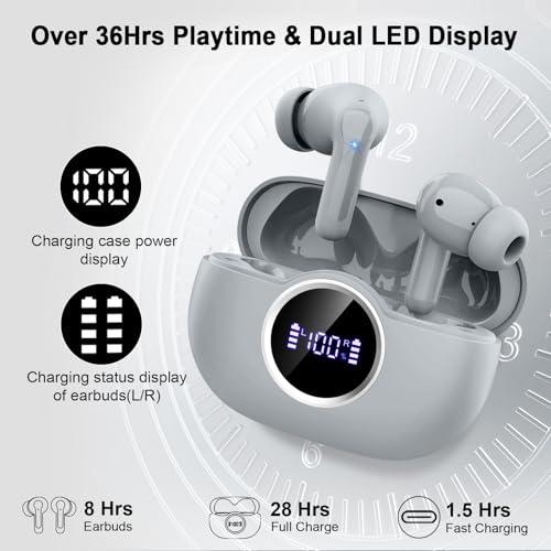 Wireless Headphones, 2026 Bass-3.0 Bluetooth 5.4 Earbuds 3D-Stereo Ear Buds, 4 ENC Noise Cancelling Mic, 40+Hrs USB-C in-Ear Earphones, IP-X7 Waterproof Sport Workout Gym for Laptop Pad Android iOS - color: Marble Gray