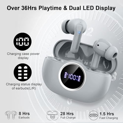 Wireless Headphones, 2026 Bass-3.0 Bluetooth 5.4 Earbuds 3D-Stereo Ear Buds, 4 ENC Noise Cancelling Mic, 40+Hrs USB-C in-Ear Earphones, IP-X7 Waterproof Sport Workout Gym for Laptop Pad Android iOS - color: Marble Gray