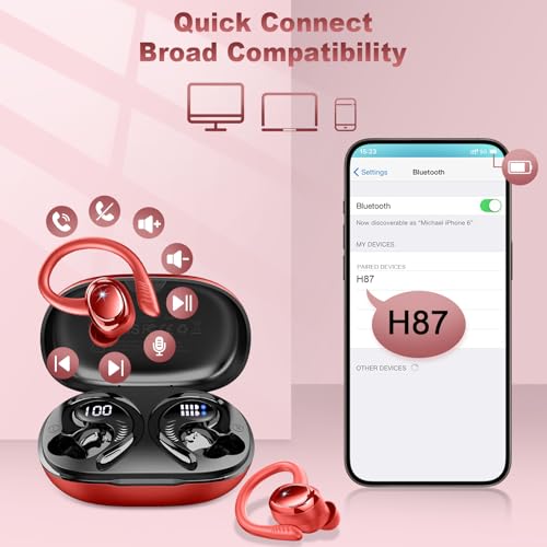 Hupoaf Wireless Earbuds Sport, NEW Bluetooth 5.4 Headphones with Earhooks, 50H Stereo Deep Bass Over Ear Buds with 4 ENC Noise Canceling Mics, IP7 Waterproof Earphones for Running Workout Gym -Red - color: A-Red