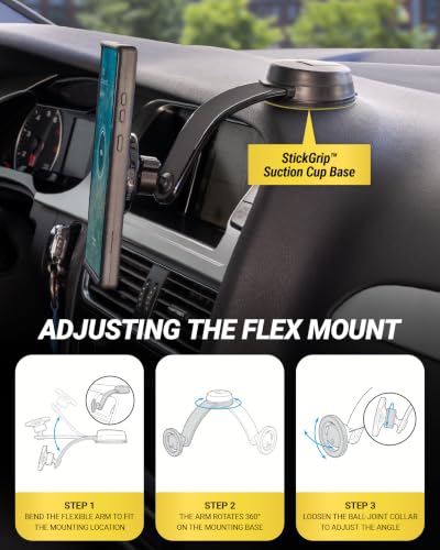 Scosche MagicMount MS Flex MagSafe Phone Holder for Car, Magnetic Phone Mount with StickGrip Suction Cup for Dashboard & Windshield, Includes Vent Clip for Vent Mount, Compatible with iPhone & Android