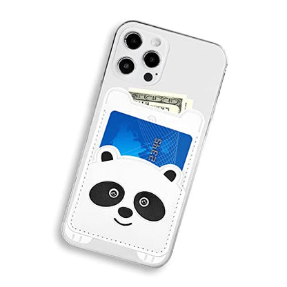 Cell Phone Wallet,White Leather Cute Panda, Secure Card Holder for iPhone, Android & Smartphones,Premium Leather,Adhesive Sleeve Pocket,Minimalist Design