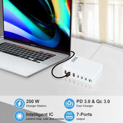 USB C Charger Station 200W PD QC3.0 GaN Fast Charging Block 7 Port (White) - color: white