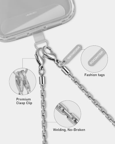 ROCONTRIP Metal Phone Chain Set Crossbody Phone Chain and Phone Wrist Strap iPhone Lanyard Handmade Phone Strap and Phone Wristlet Strap with 2*Tether Tabs for Women and Men - color: Bright Silver, size: Long