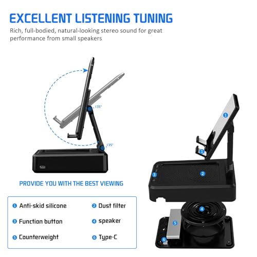Cell Phone Stand with Wireless Bluetooth Speaker Compatible for iPhone/Samsung/iPad Tablet, Anti-Slip Design Phone Stand with HD Surround Sound for Home,Office,Outdoor etc. - color: Black