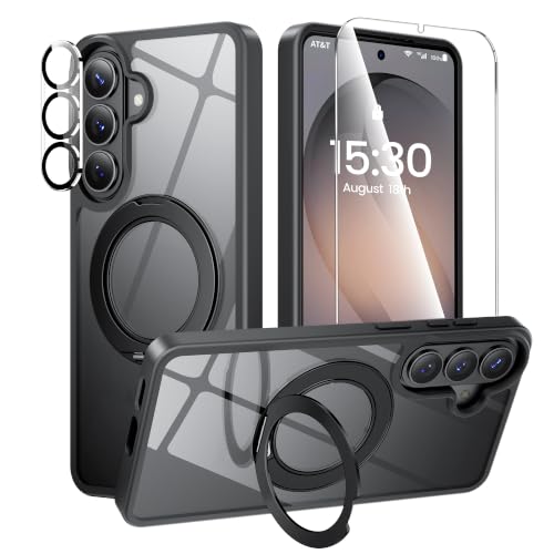360°Ring Stand for Samsung Galaxy S26 Plus Case with 1X Screen Protector +1X Camera Cover,Fit for MagSafe, Anti-Yellowing & Scratch-Resistant Back Phone Case for Galaxy S26 Plus 6.7", Clear Black - color: Clear Black, size: for S26 Plus