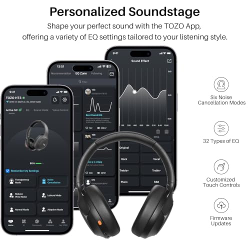 TOZO HT3 Hybrid Noise Cancelling Wireless Headphones, 90H Over Ear Headset - color: Gray
