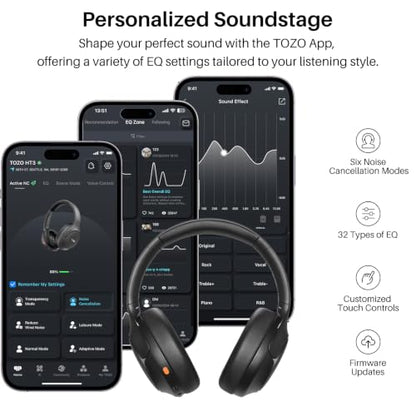 TOZO HT3 Hybrid Noise Cancelling Wireless Headphones, 90H Over Ear Headset - color: Gray