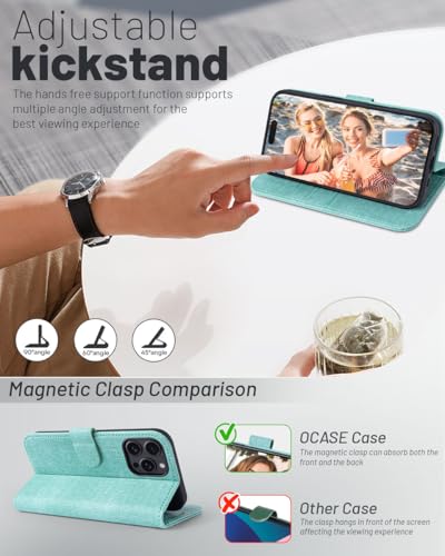 OCASE Compatible with iPhone 16 Pro Wallet Case, PU Leather Flip Folio Case with Card Holders RFID Blocking Kickstand [Shockproof TPU Inner Shell] Phone Cover 6.3 Inch 2024, Denim Green | RFID Blocking, Flip Case, Magnetic Clasp, PU Leather Wallet Case, K