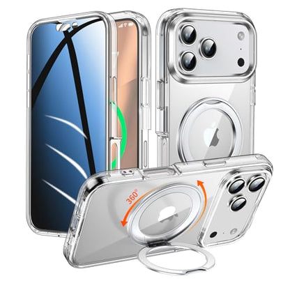 Privacy Case for iPhone 17 Pro Max with 360°Stand [Built-in Anti Peeping Screen Protector] [Magnetic Ring ] Full Body Protective Phone 17Pro Cover 6.9", Clear