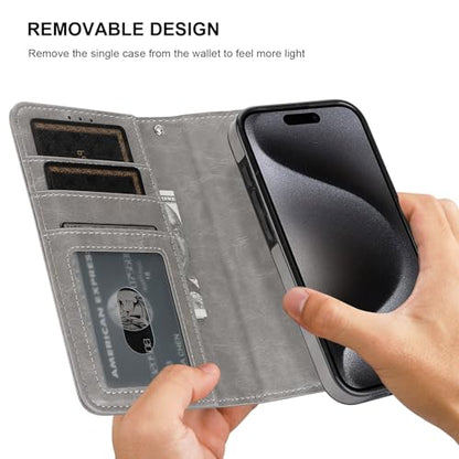 Bocasal Detachable Wallet Case Card Holder for iPhone 15 Pro, Grey | RFID Blocking Kickstand Card Slots Holder PU Leather Magnetic Shockproof Wrist Strap Removable Flip Protective Cover 6.1 inch - color: Gray