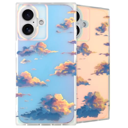 Cute Rectangle Case for iPhone 16 Case, Iridescent Clouds | Twilight Sun Set Sky Pattern Design, Aesthetic Girly Matte Glitter Protective Phone Cover for Women Girls - size: iPhone 16