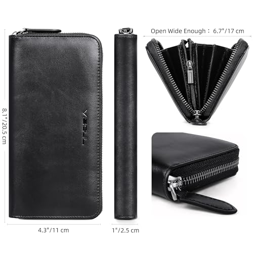 VISOUL Leather Long Zipper Pouch Wallet for Men and Women with RFID Blocking, Large Clutch Cash Long Wallet with Zipper (Black) - color: Black