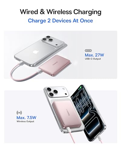 Baseus Picogo Power Bank, 0.5" Ultra Slim 10000mAh MagSafe Portable Charger, Upgraded CCC Certified 27W Fast Charging Magnetic Battery Pack, Alloy Wireless Charger for iPhone 17/16/15/14/13/12 - color: Polished Rose Pink