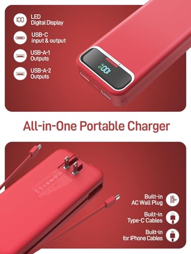Nusyddy Portable Charger 20000mAh Fast Charging w/Built-in Wall Plug Red - color: Crimson