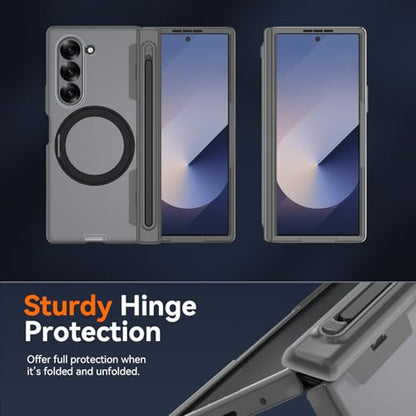 Upgraded 360° Spin Magnetic Invisible Ring Stand for Samsung Galaxy Z Fold 6 Case,[Compatible with MagSafe][S Pen Holder][Hinge Protection][Screen Protector],Shockproof Full Body Phone Cover (Grey) - color: Grey