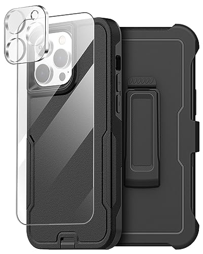 AICase Clip Holster Case Compatible with iPhone 15 Pro Max with Glass Screen Protector+Camera Lens,Heavy Duty Drop Protection Full Body Rugged Shockproof Military Protective Tough Durable Cover 6.7" - color: Black+Belt+Glass Protector/Camera Lens