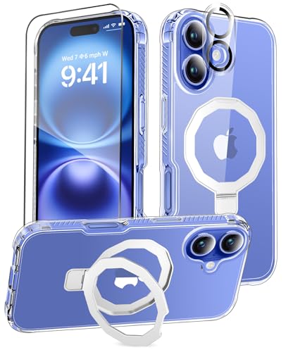 Magnetic for iPhone 16 Case Built-in Seamless Stand, Clear | with Screen Protector + Camera Lens Protector, [Compatible with MagSafe] Protective Shockproof Slim Phone Case - color: Clear, size: iPhone 16 6.1"