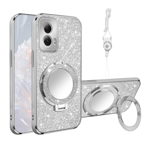 for Motorola G Power 5G 2024 Case [MagSafe Compatible] Glitter Card Clear Back Cover with Ring Kickstand, Lanyard, Mirror Soft Protective Cover for Moto G Power 5G 2024 Phone Case, Silver - color: Silver, size: Motorola Moto G Power 5G 2024