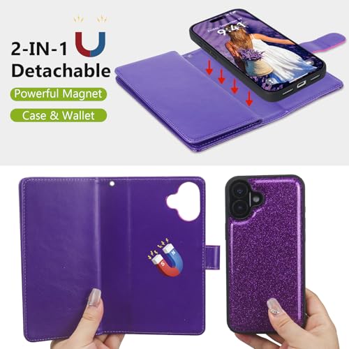 Varikke for iPhone 17 Glitter Case Wallet Magnetic Detachable, Deep Purple - color: (Standard) Dark Purple, size: iPhone 17 6.3"