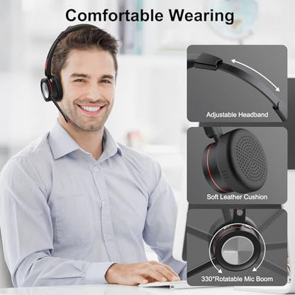 Bluetooth Headset with Microphone Noise Cacenling, Mono Wireless Headset with Mic & Mute Button, 40 Hrs Working Time, Bluetooth Office PC Headset for Call Center Work Laptop Teams Meeting